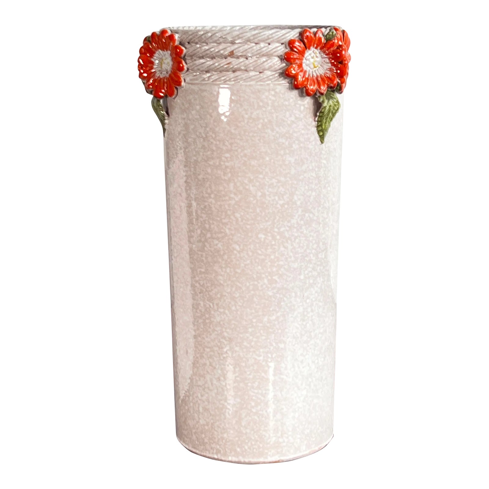 Vintage Italian Ceramic White Floor Vase / Umbrella Stand W/ Orange Aster Flowers