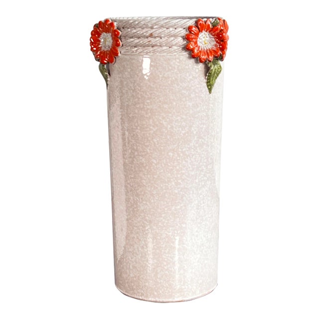 Vintage Italian Ceramic White Floor Vase / Umbrella Stand W/ Orange Aster Flowers For Sale