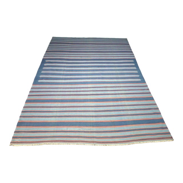 Vintage Dhurrie Rug in Bluewith Stripes, From Rug & Kilim For Sale