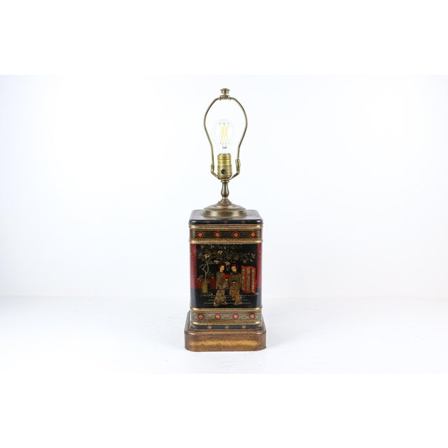 Frederick Cooper Vintage Chinoiserie Tea Canister Lamp, 17” Black Painted Toleware Table Lamp For Sale - Image 4 of 11