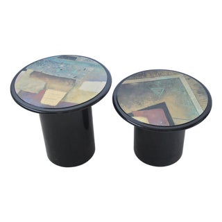 1980s Milano Memphis Style Circular Black Lacquered Painted Mushroom Nesting Side Tables - A Pair For Sale
