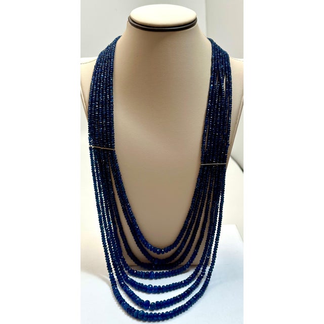 Metal 760 Carat Natural Sapphire Bead Seven Strand Necklace 14K Gold With Spacer 28" For Sale - Image 7 of 18
