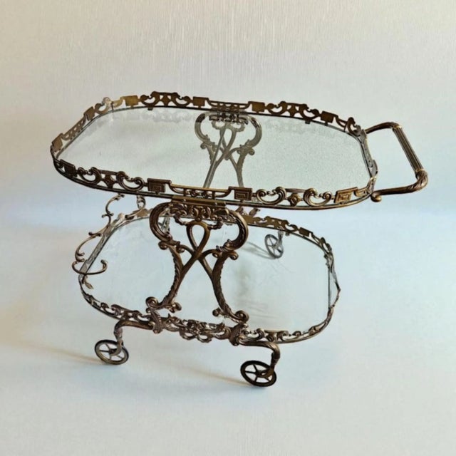 Baroque Serving Trolley in Brass with Glass Platforms and Bottle Holders, 1960s For Sale - Image 18 of 18