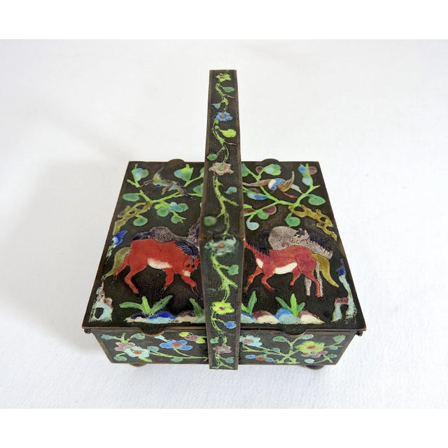 Antique Chinese Green and Blue Cloisonné Enamel 'Opening' Brass Ashtray With Flowers & Horses For Sale - Image 9 of 9