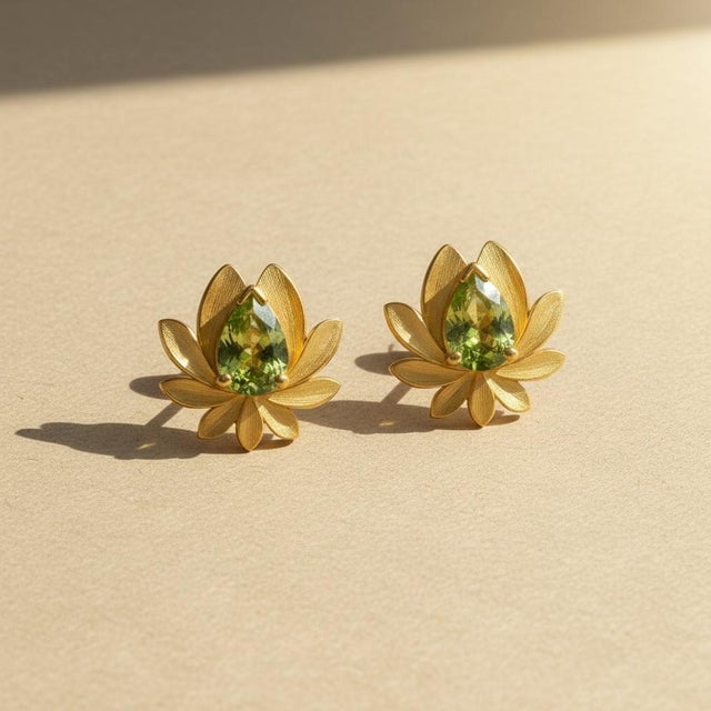 Not Yet Made - Made To Order Pear-Cut Peridot Lutus Flower Earrings Studs, Silver, Gold, Pair For Sale - Image 5 of 8