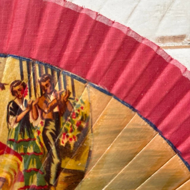 Antique Wooden Hand Painted Fan With Linen Transfer. Spanish Flamenco Dancers. Very Old For Sale - Image 10 of 12