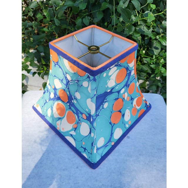Coastal Marbled Paper Lampshade Jade Blue Orange For Sale - Image 3 of 10