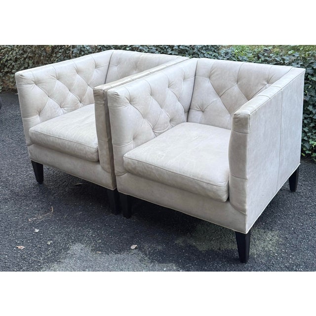 Eggshell Lee Industries Tufted Leather Contemporary Chairs - A Pair For Sale - Image 8 of 12