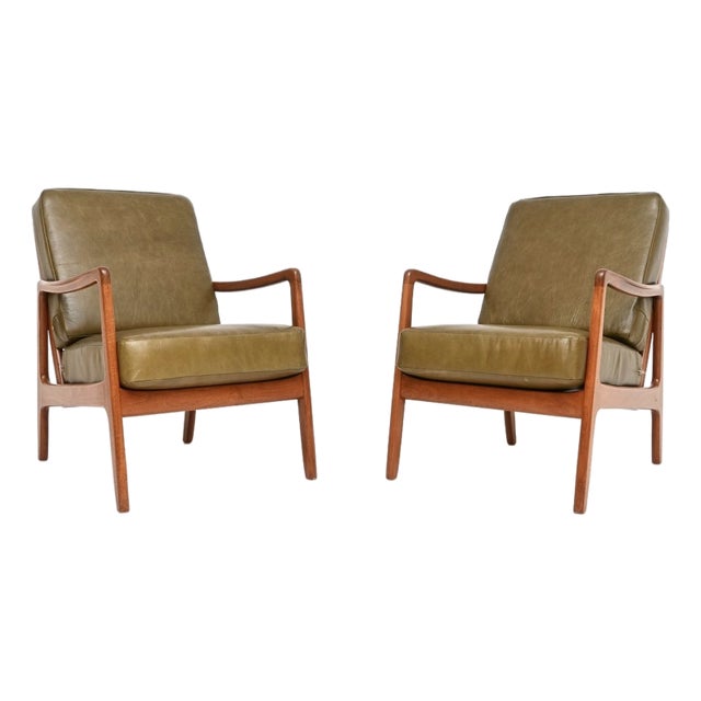 Vintage Danish Teak and Leather Lounge Chairs by Ole Wanscher for France & Søn, 1960, Set of 2 For Sale