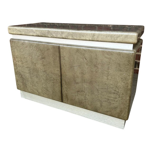 Faux Marble and Brushed Stainless Small Credenza Server Cabinet Post Modern 1980’s Karl Springer Style For Sale