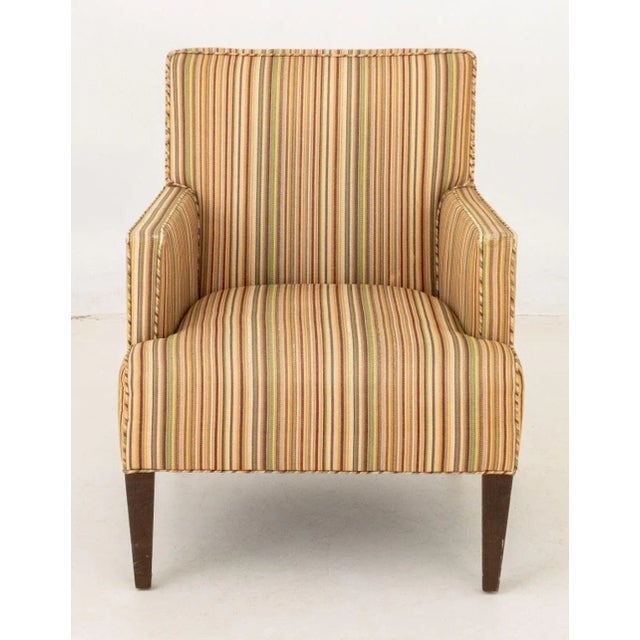 Edward Wormley for Dunbar Style Upholstered Arm Chair, with striped fabric upholstery above four wood feet. 34" H x 28" W...