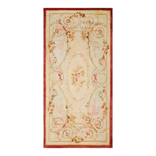 1880s Ivory Floral Medallion Antique French Aubusson Rug 3' X 6'6" Flatweave Wool Carpet For Sale
