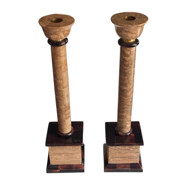 Neoclassical Late 20th Century Neoclassical Travertine Candlestick Holders, Pair For Sale - Image 3 of 9