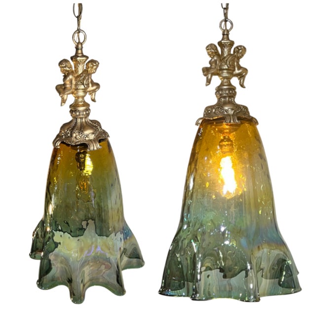 Bottle Green Large Art Glass Fazzoletto Green Amber Cherub Pendant Light For Sale - Image 8 of 18