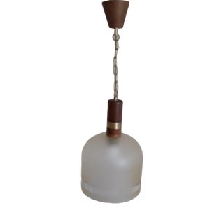 German Vintage Ceiling Lamp from the 1970s with Brass -Placed Beech Wood Mounting for Slightly Tinted, Slightly Lüstring Glass Shade from Temde For Sale