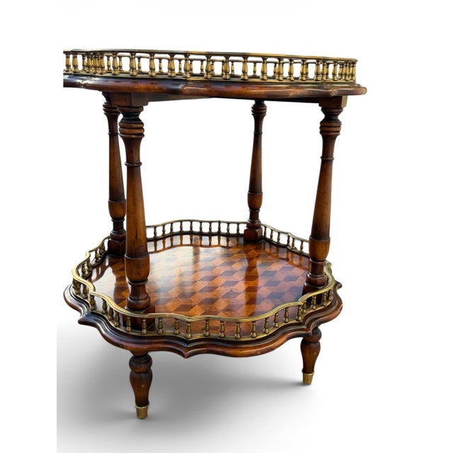 Vintage French Style Two-Tier Parquetry Side Table With Brass Gallery For Sale - Image 4 of 13