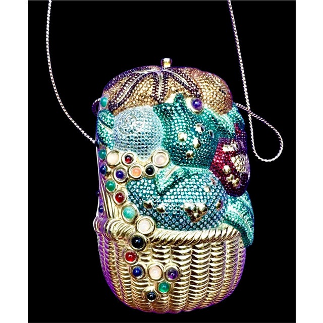 Metal 1993 Judith Leiber Fruit Vegetable Basket Farm Fresh Fall Crystal Minaudiere Shoulder Clutch Evening Bag Gemstones For Sale - Image 7 of 15