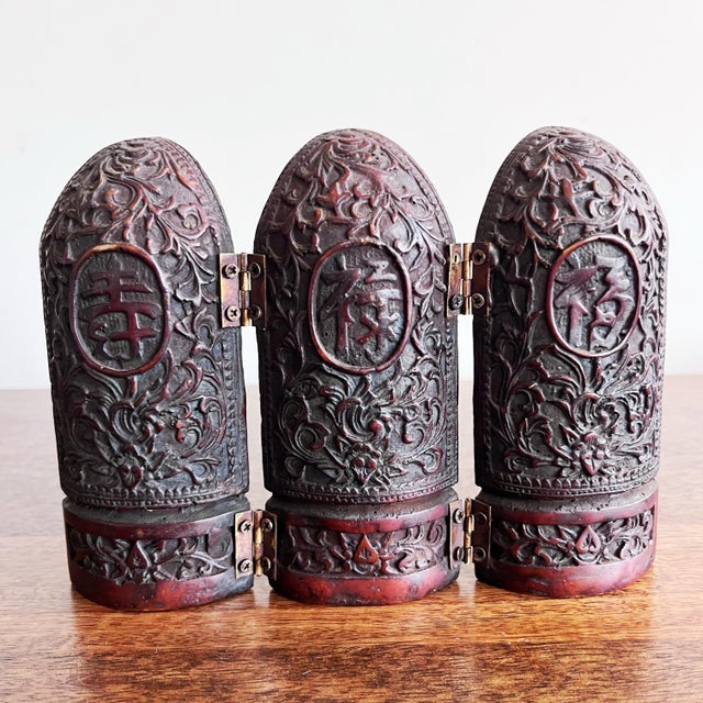 Antique Chinese Triptych Folding Sanxing Gods Resin Shrine For Sale - Image 4 of 6