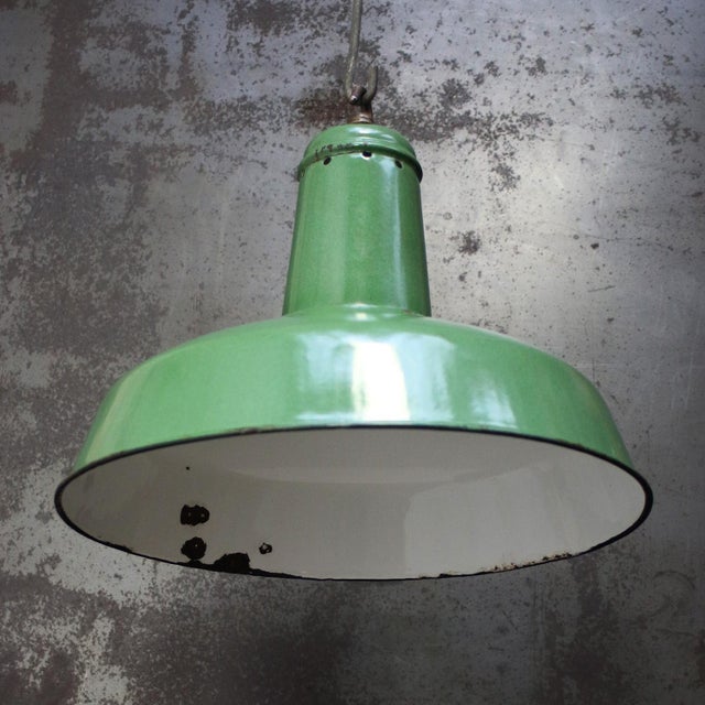 Vintage Industrial French Pendant Light in Green Enamel For Sale - Image 4 of 5