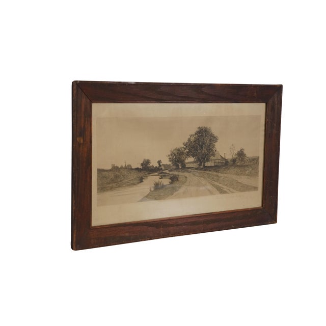 Late 19th century black and white etching titled "By the Roadside" by Ernest C. Rost. Panoramic landscape showing a...