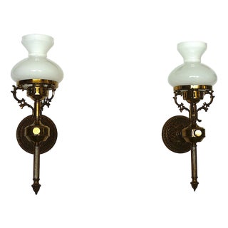Vintage Spanish Brass and Glass Wall Lamps, 1950s, Set of 2 For Sale