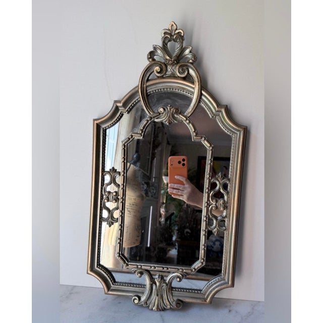 Art Nouveau Ornate Antique-Style Florentine Gold Silver Wall Mirror 22.5”x 13” Italy For Sale - Image 3 of 12