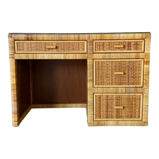 Vintage Coastal Woven Rattan Writing Desk For Sale