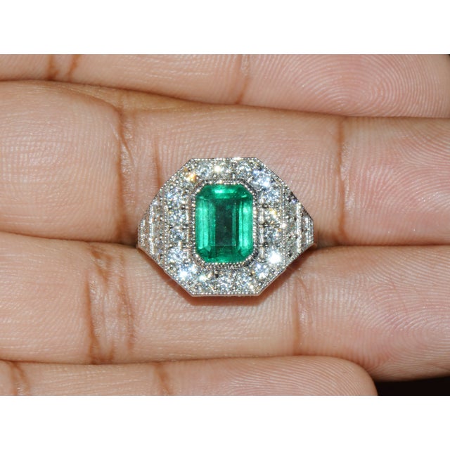 Gia Certified 3.98ct Natural Zambian Emerald & Diamond Tiered Halo Milgrain 18k White Gold Ring, Size 6.5 For Sale - Image 13 of 16