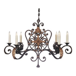 18th C Style Paul Ferrante Spanish Colonial Wroght Iron Medallion 6 Lite Chandelier For Sale