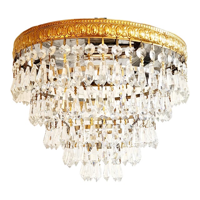 Vintage Hollywood Regency Style Crystal & Brass Flush Chandelier For Sale