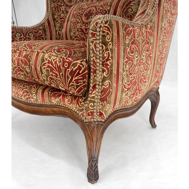 Hollywood Regency Red Gold Brass Tacks Upholstery Carved Mahogany Base Legs Large Wing Chair For Sale - Image 3 of 12