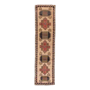 Vintage Persian Heriz Handmade Beige Tribal Wool Runner