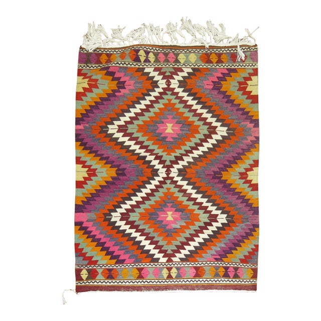 Dazzling Bohemian Vintage Turkish Kilim Flat-Weave - 3'9" x 4'11" For Sale