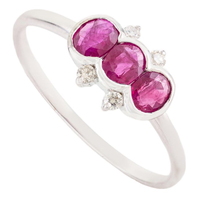 Natural Ruby & Diamond Three Stone Stackable Bezel Band Size 9 in 14k White Gold For Sale