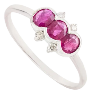 Natural Ruby & Diamond Three Stone Stackable Bezel Band Size 9 in 14k White Gold