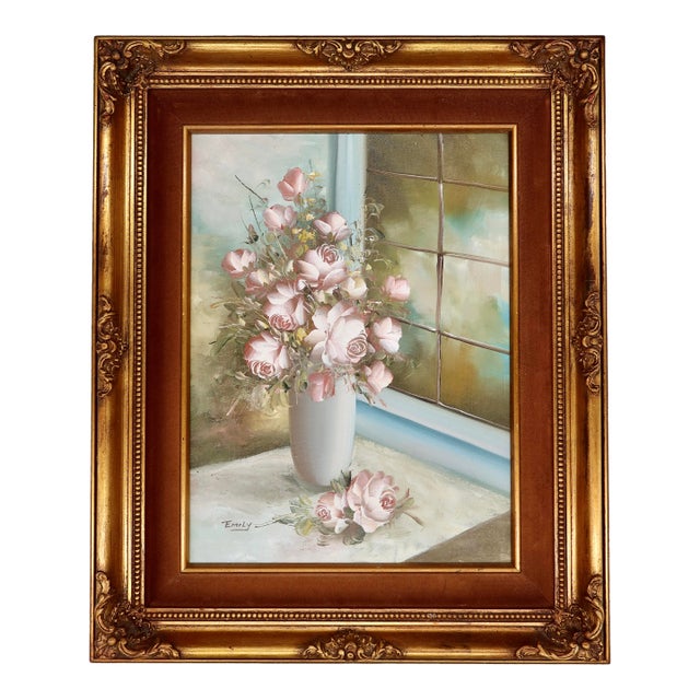 Vintage Original Oil on Canvas, Pink Roses Still Life — Signed Emily, 1983, Ornate Gilt Frame For Sale