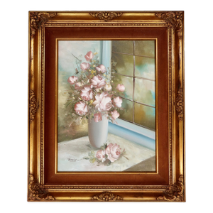 Vintage Original Oil on Canvas, Pink Roses Still Life — Signed Emily, 1983, Ornate Gilt Frame