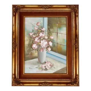 Vintage Pink Roses Still Life Oil Painting, Impasto Bouquet by Window, Signed Emily, Ornate Gilt Frame With Velvet Liner, C. 1980s For Sale