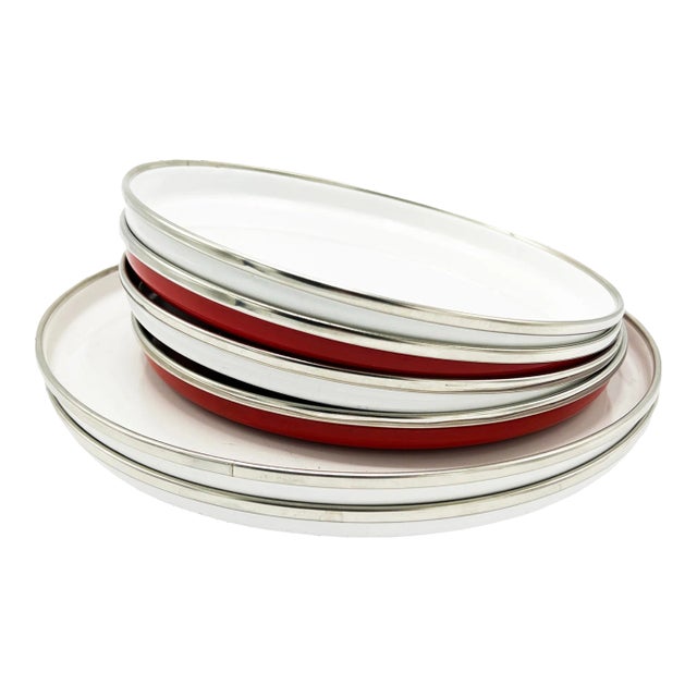 Mid-Century Ultra Mod White & Red Solid Metal Plates and Platters Serving Set - 6 Pieces For Sale