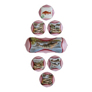 Late 19th Century Pink & Raspberry Red Colored Victorian Fish Wall Plates- 7 Pieces For Sale