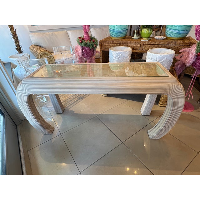 Vintage Coastal Palm Beach Pencil Reed Rattan Ming Console Table New Glass Top For Sale - Image 13 of 15