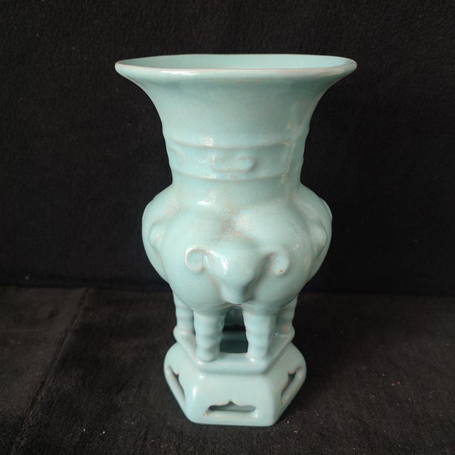 Art Deco Chinese Ceramic Vase,Ru Ware Celadon Glaze Porcelain Vase Hand Carved Elephant Pattern For Sale - Image 3 of 9
