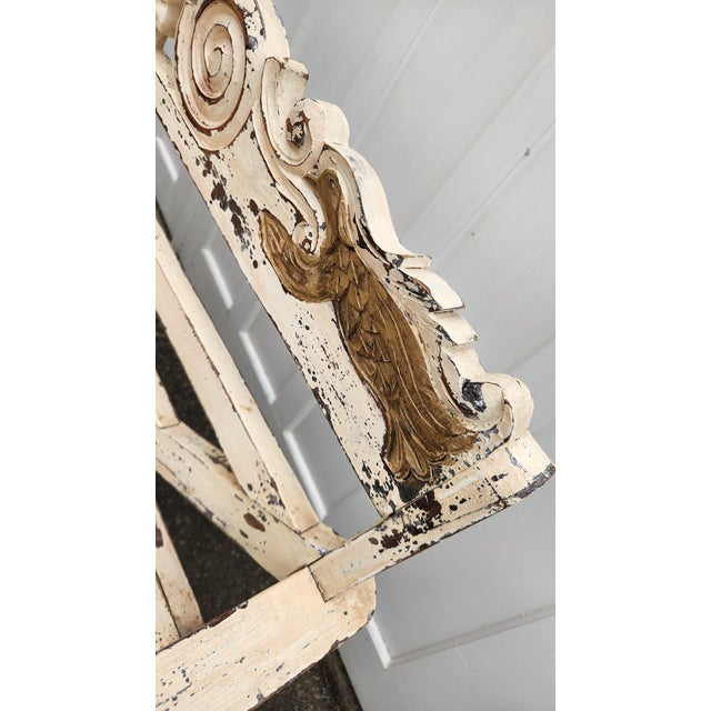 Cream Vintage French Country Distressed Cream Painted Carved Wood Settee With Custom Toile Cushion For Sale - Image 8 of 15