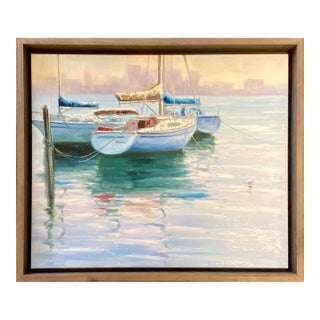 Sailboats in Harbor Oil Painting – Soft Impressionist Nautical Scene, Framed For Sale