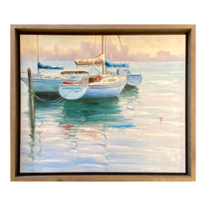 Sailboats in Harbor Oil Painting – Soft Impressionist Nautical Scene, Framed