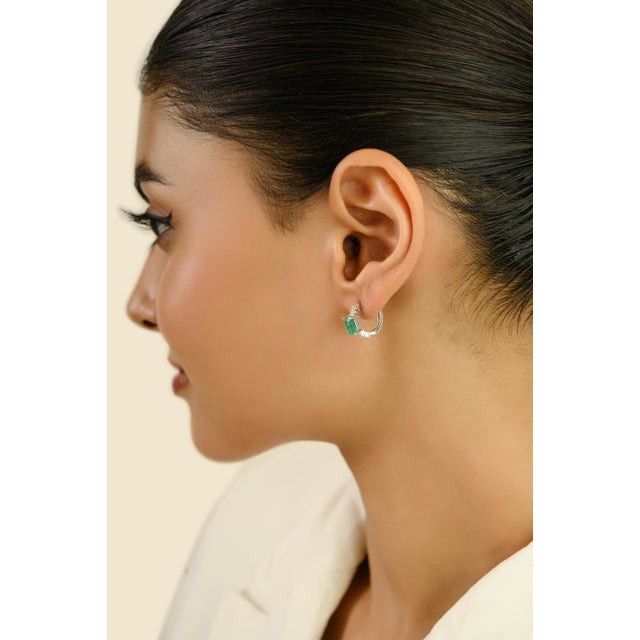 1.3Ct Natural Emerald-Cut Emerald & Diamond Hoop Earrings in 14k White Gold- A Pair For Sale In New York - Image 6 of 13