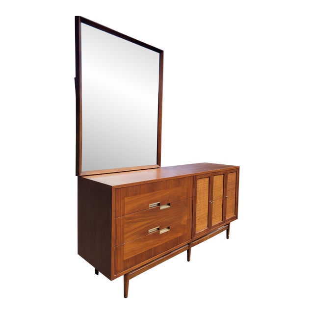 1964 Merton Gershun for American of Martinsville Lowboy Walnut 6-Drawer Dresser With Mirror and Cane Doors For Sale
