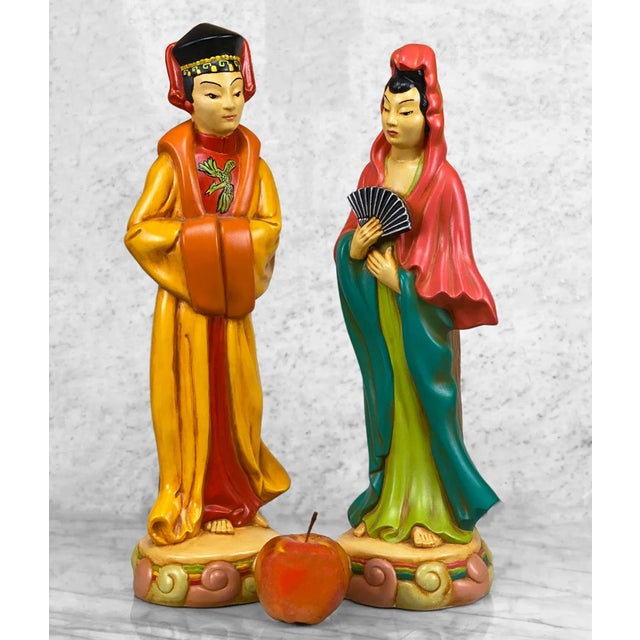 Vintage Chinese Immortal Figural Man & Women Pottery Sculptures, A Pair, c.1987 - Pairs Nicely with Many Eclectic Interior...
