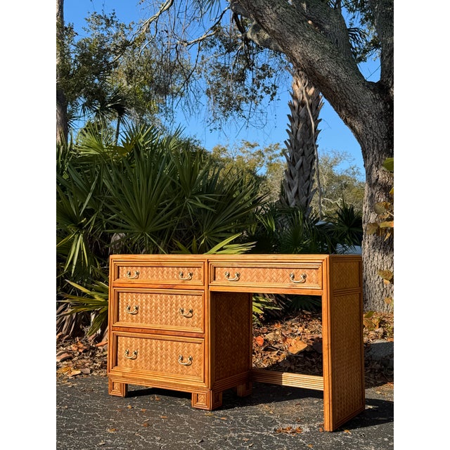 Vintage Whitecraft Bamboo & Rattan Writing Desk With Glass Top For Sale - Image 4 of 6