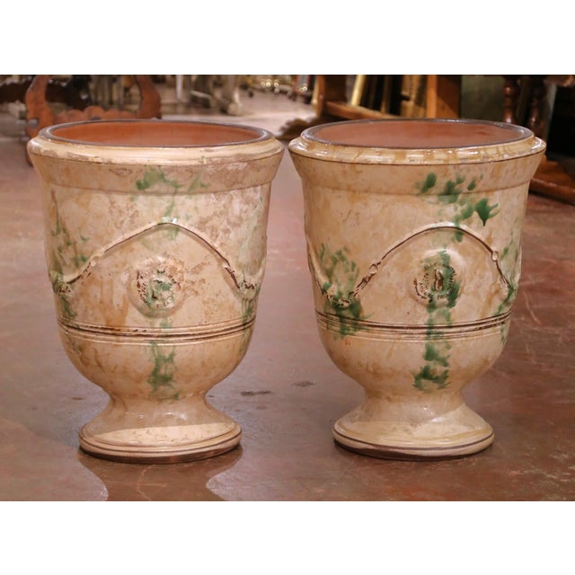 French Pair of French Antiqued Anduze Terracotta Garden Vases From Terre Figuière For Sale - Image 3 of 14